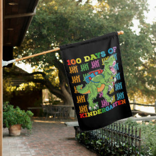100 Days Of Kindergarten T Rex Dinosaur School House Flag