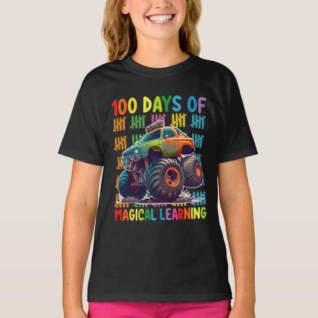 100 Days Of Magical Learning Monster Truck School T-Shirt (Front)