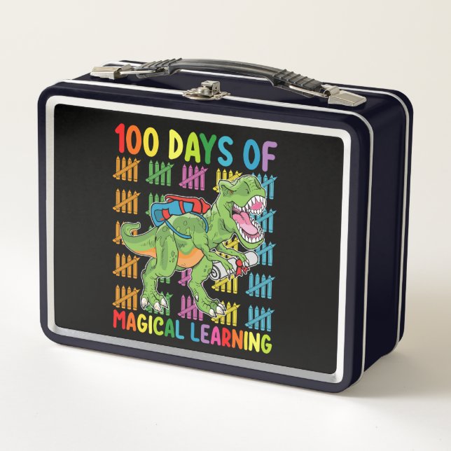 100 Days Of Magical Learning T Rex Dinosaur School Metal Lunch Box (Front)