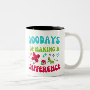 100 Days Of Making A Difference Funny Kids School Two-Tone Coffee Mug