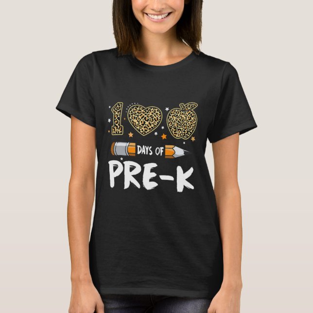 100 Days Of Pre K Teacher Student Leopard Happy 10 T-Shirt (Front)