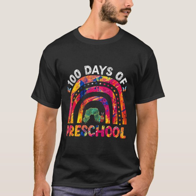 100 Days Of Preschool Tie Dye Rainbow Worm Teacher T-Shirt (Front)
