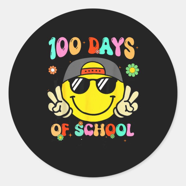 100 Days Of School 100th Day Smile Groovy Face Tea Classic Round Sticker (Front)