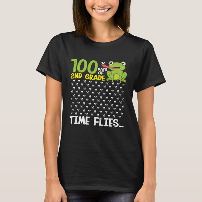100 Days of School 2nd Grade Frog Time Flies Boys  T-Shirt (Front)