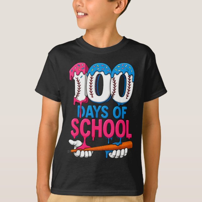 100 Days Of School Baseball Drip Bat 100th Day Of  T-Shirt (Front)