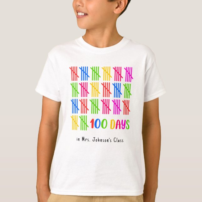 100 Days of School Colorful Tally Mark T-Shirt (Front)