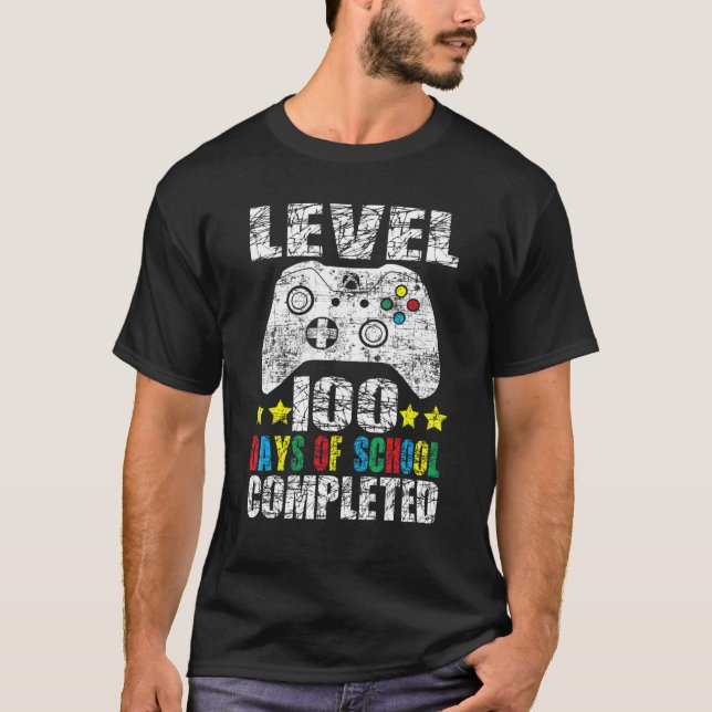 100 Days of School Completed Gamer   Boy Level Up  T-Shirt (Front)
