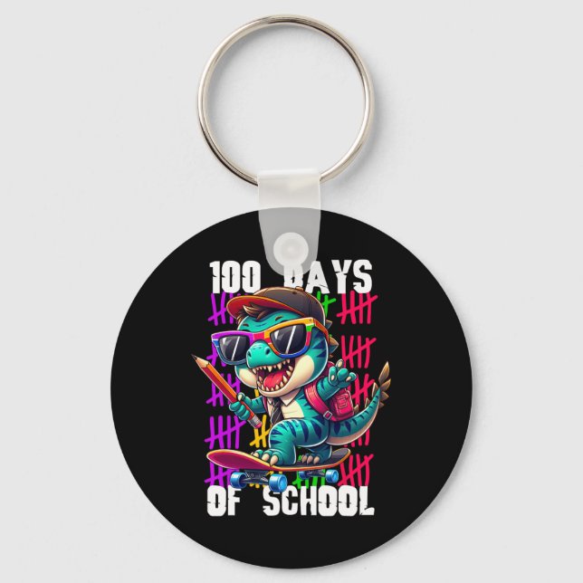 100 Days Of School Cool Dinosaur Skateboarding  Keychain (Front)
