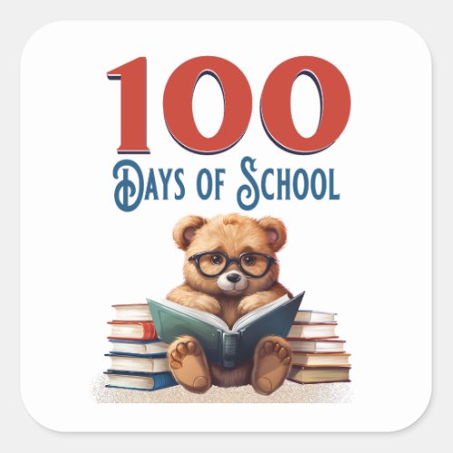 100 Days of School Cute Bear Reading Classroom Square Sticker