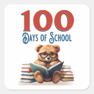 100 Days of School Cute Bear Reading Classroom Square Sticker