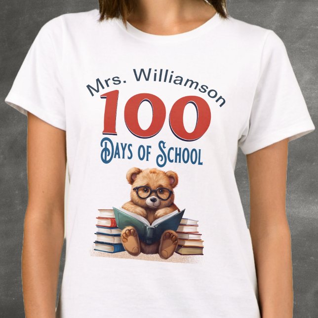 100 Days of School Cute Bear Reading Teacher T-Shirt (The 100 Days of School Books Teacher Staff fun design is here to make the milestone of 100 days of s)