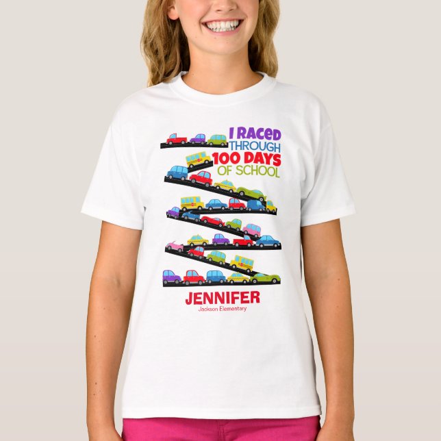 100 Days of School Cute Funny Cars T-Shirt (Front)