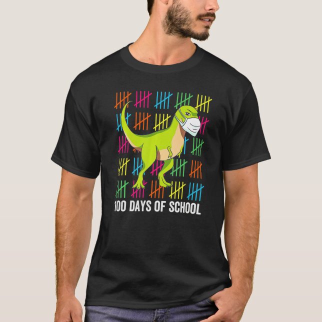 100 Days Of School Dinosaur Mask Fun Teacher Dino T-Shirt (Front)