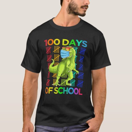 100 Days Of School Dinosaur T Rex Wearing Mask Sma T_Shirt