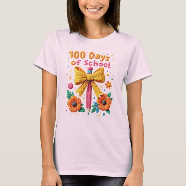 100 Days of School - Floral Pencil Design T-Shirt (Front)