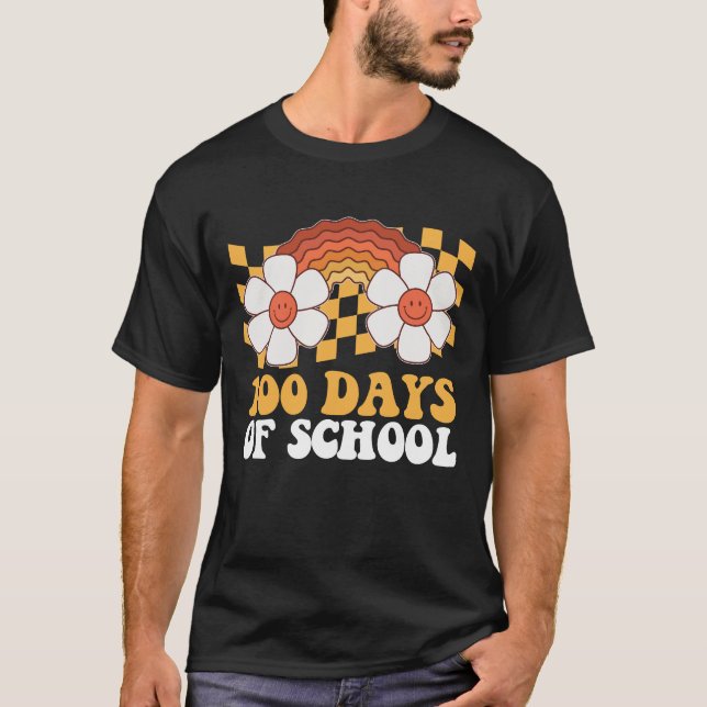 100 Days Of School Flower Rainbow Groovy Retro T-Shirt (Front)