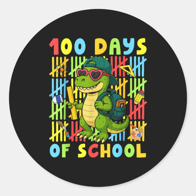 100 Days Of School Funny Dinosaur T-rex Boy Girl T Classic Round Sticker (Front)