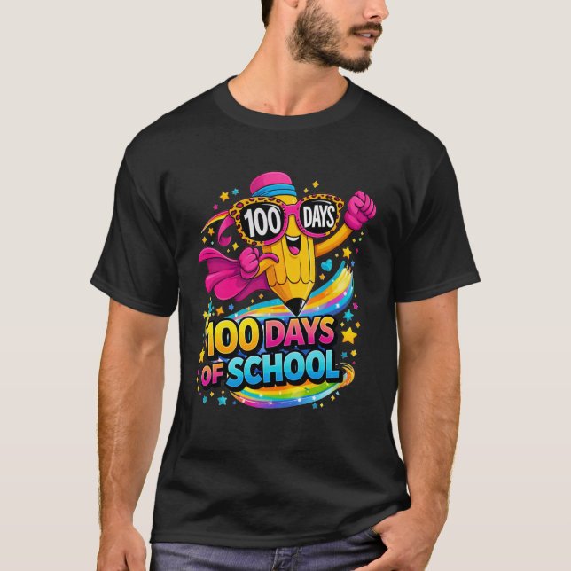 100 Days of School Funny Pencil Kids Teacher 100th T-Shirt (Front)