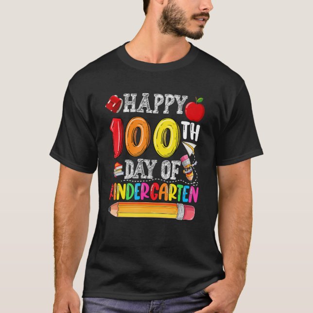 100 Days Of School Happy 100th Day Of Kindergarten T-Shirt (Front)