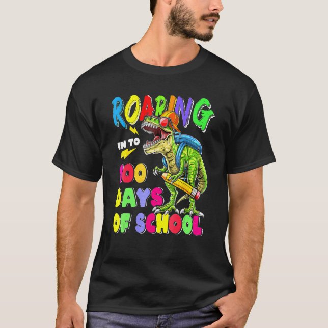 100 Days Of School Kids Boys Dinosaur 100th Day T-Shirt (Front)