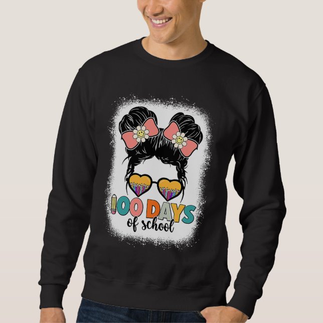 100 Days Of School Messy Bun Leopard Bleached Sweatshirt (Front)
