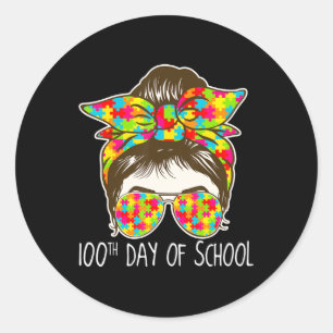 100 days of school Messy Bun Sunglasses Autism awa Classic Round Sticker