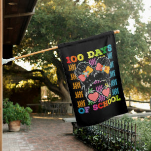 100 Days Of School Messy Bun Teacher House Flag