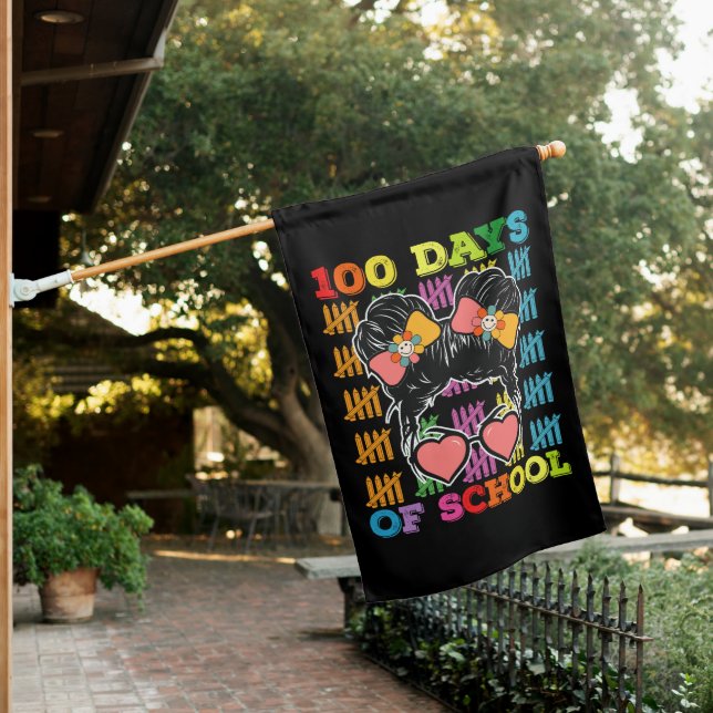 100 Days Of School Messy Bun Teacher House Flag (In SItu)