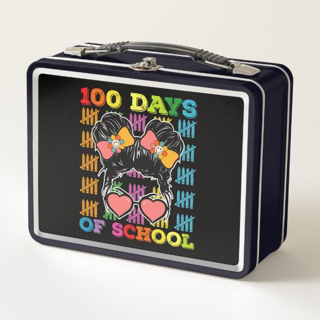 100 Days Of School Messy Bun Teacher Metal Lunch Box (Front)