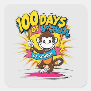 100 Days of School Monkey Kids Party Fun Square Sticker