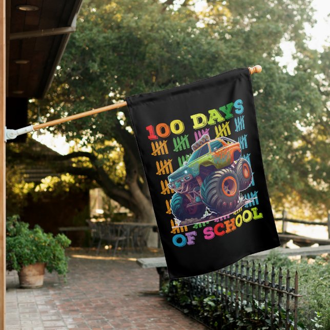 100 Days Of School Monster Truck Teacher Student House Flag (In SItu)