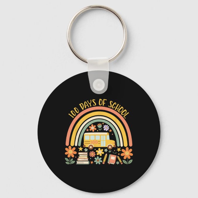 100 Days Of School Rainbow Bus Teacher Student 100 Keychain (Front)