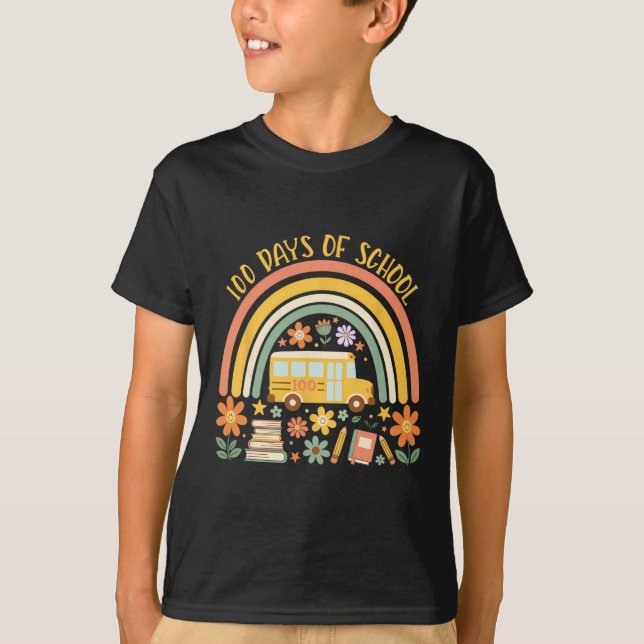 100 Days Of School Rainbow Bus Teacher Student 100 T-Shirt (Front)