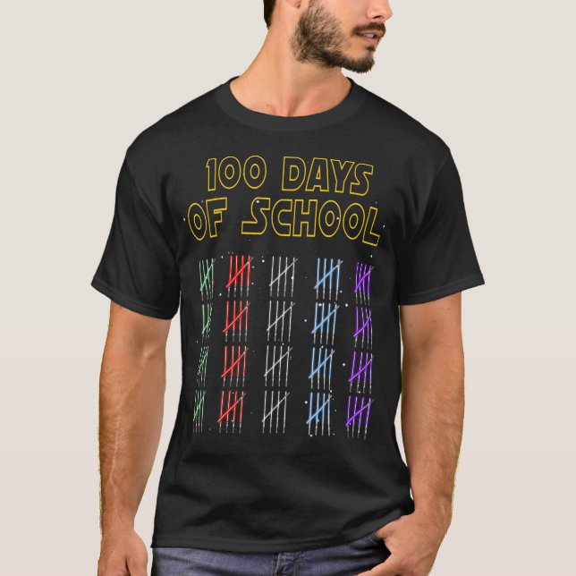 100 Days Of School Sabers And Star Print Space War T-Shirt (Front)