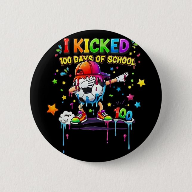100 Days Of School Soccer Drip Kids Boys Funny 100 Button (Front)