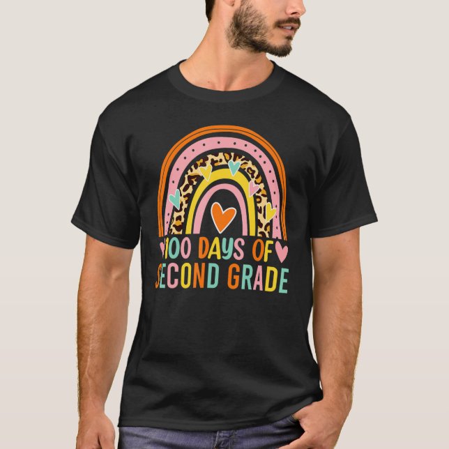 100 Days Of Second Grade Leopard Rainbow 100th Day T-Shirt (Front)