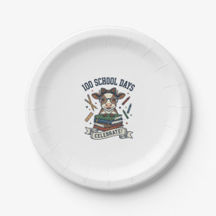 100 Days School Cow Vintage Engraving Teacher Shir Paper Plates