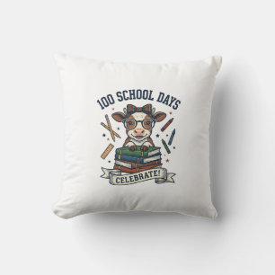 100 Days School Cow Vintage Engraving Teacher Shir Throw Pillow