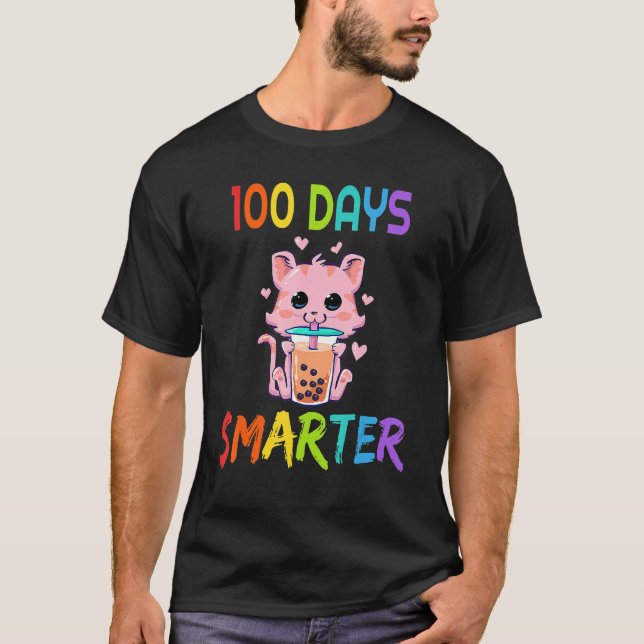 100 Days Smarter 100th Day Of School Cat Boba Tea  T-Shirt (Front)