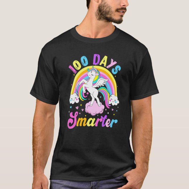 100 Days Smarter 100th Day Of School Unicorn Rainb T-Shirt (Front)