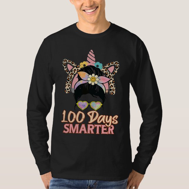100 Days Smarter Girls Messy Bun Hair 100th Day Of T-Shirt (Front)