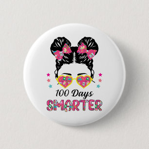 100 Days Smarter Girls Messy Bun Hair 100th Day Ti Button