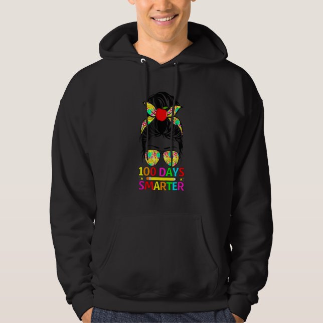 100 Days Smarter Messy Bun Teacher Happy 100th Day Hoodie (Front)