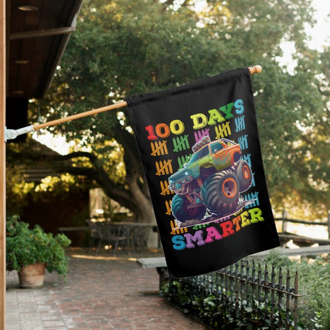 100 Days Smarter Monster Truck 100th Day School House Flag (In SItu)