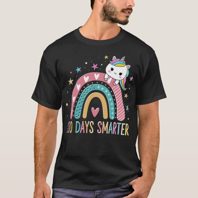 100 Days Smarter Rainbow Unicorn Girls Teachers T-Shirt (Front)