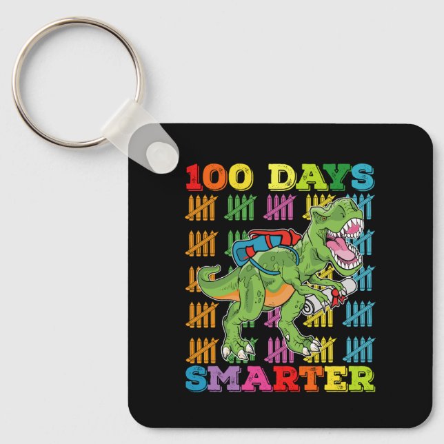 100 Days Smarter T Rex Dinosaur 100th Day School Keychain (Front)
