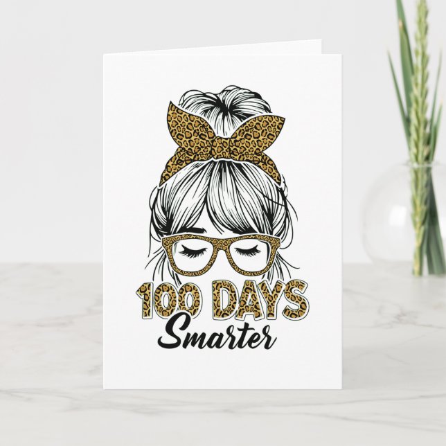 100 Days Smarter Teacher Leopard Print Bow School Card (Front)