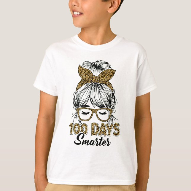 100 Days Smarter Teacher Leopard Print Bow School T-Shirt (Front)