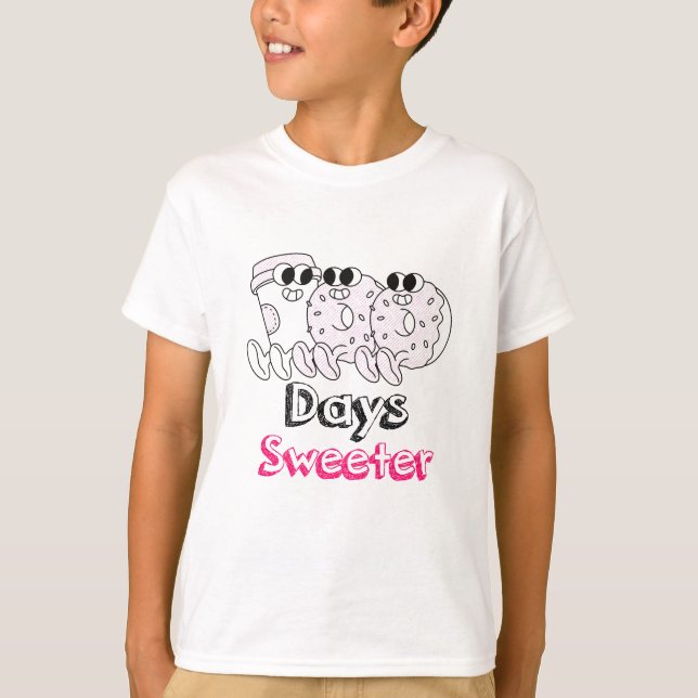 100 Days Sweeter - Cute Donuts with Coffee T-Shirt (Front)