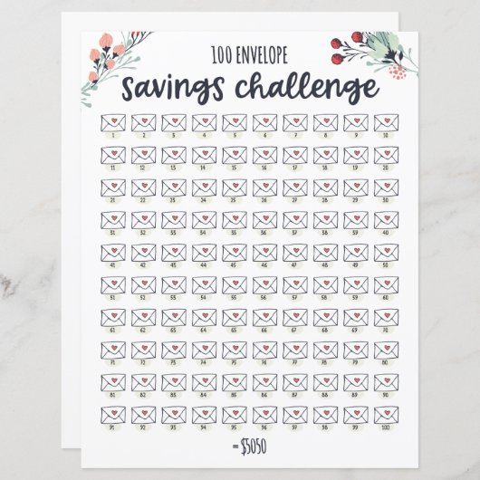 100 Envelope Money Saving Challenge Tracker (Front/Back)